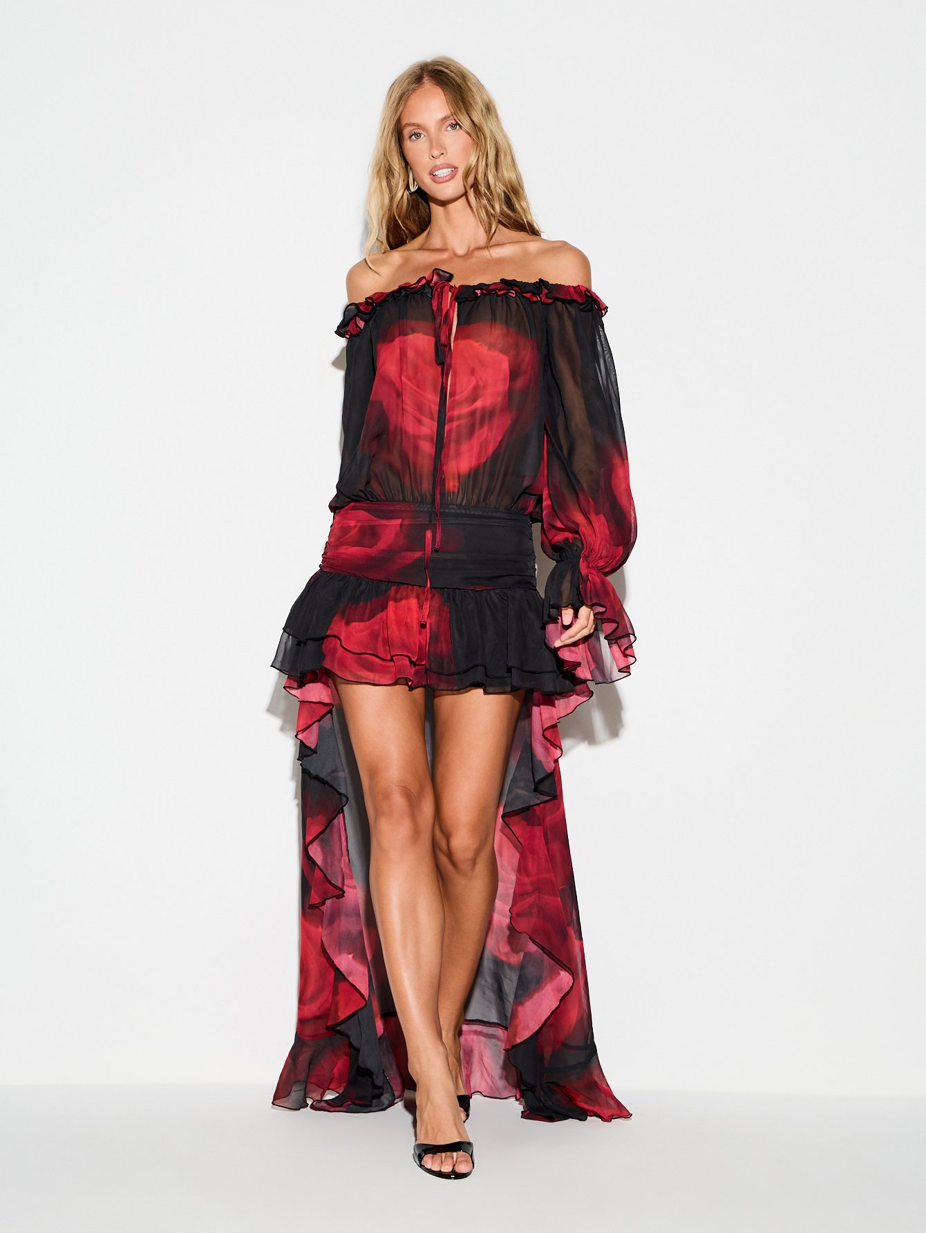Robe soiree b mousseline, volants w kmam cloche