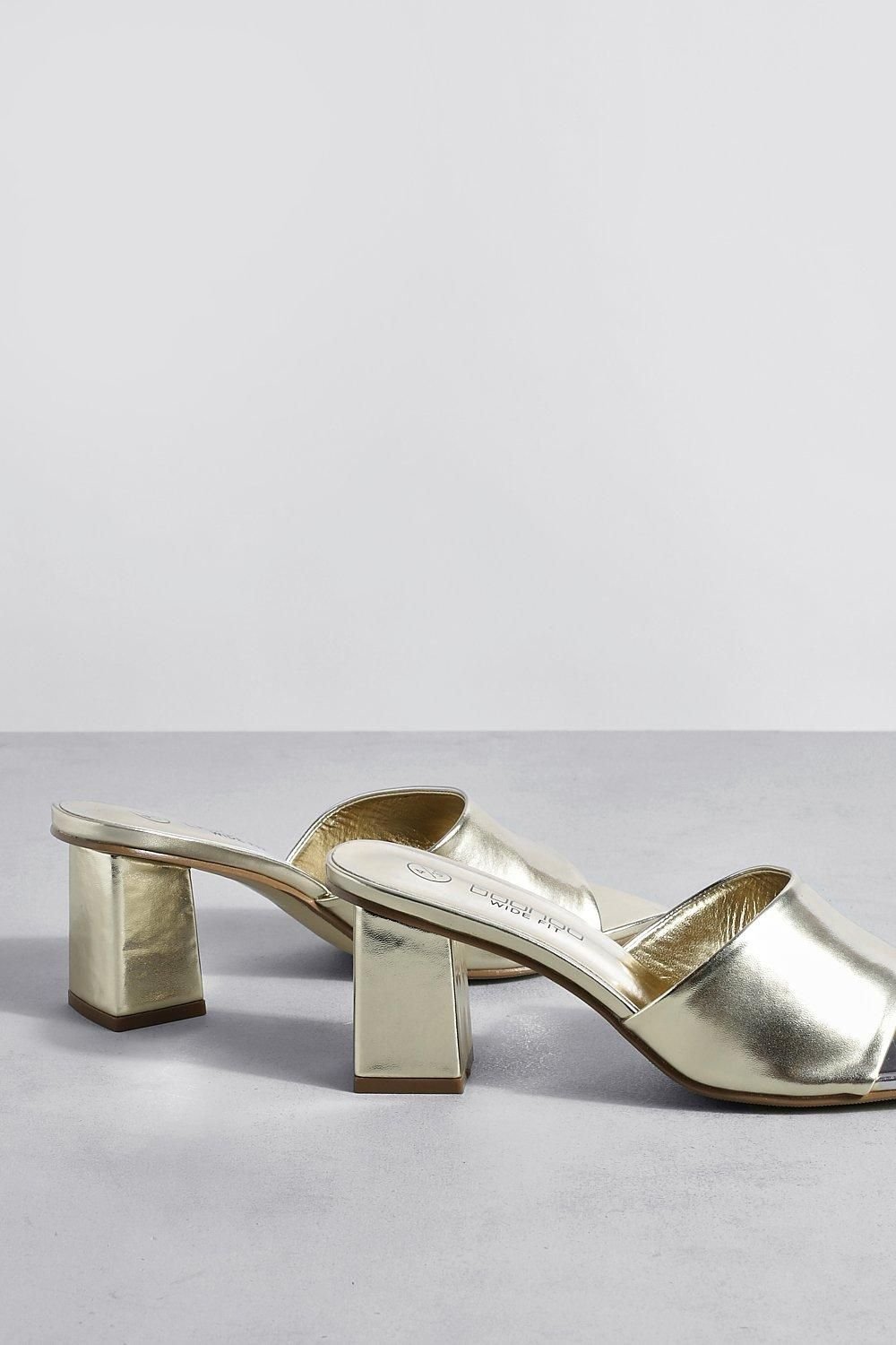 Metallic mules with low block heel