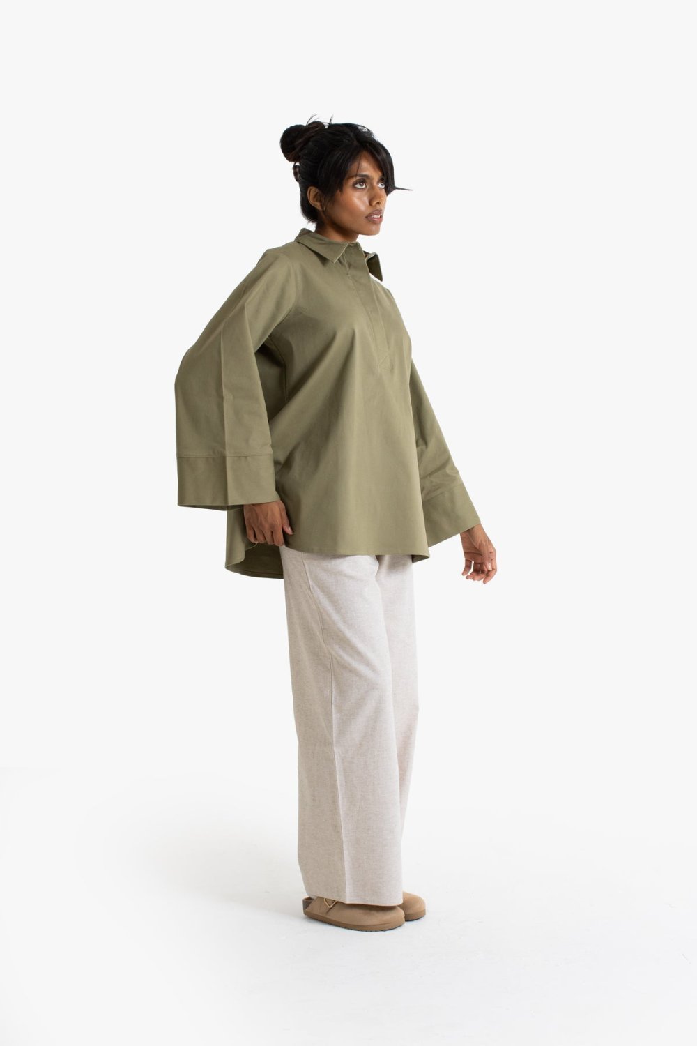 Oversized cotton collared top - Olive green