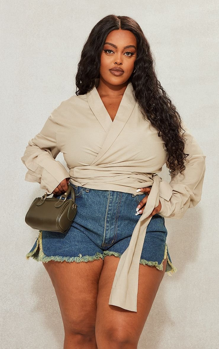 Blouse Grande Taille Aspect Lin À Nouer Devant