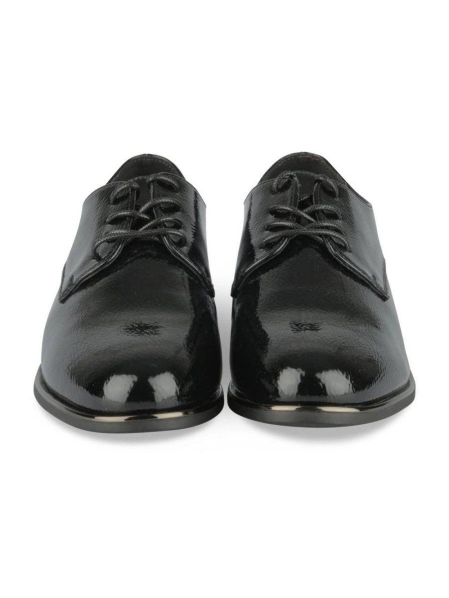 Black patent derbies with metallic trim