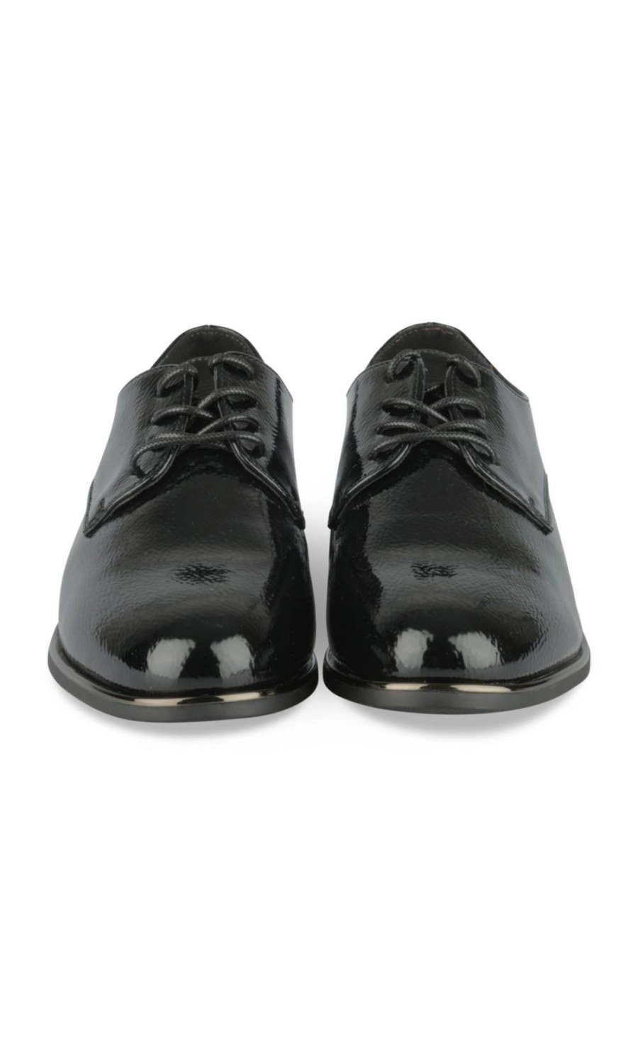 Black patent derbies with metallic trim