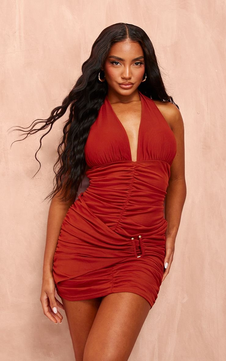 Ruched Mesh Halterneck Bodycon Dress