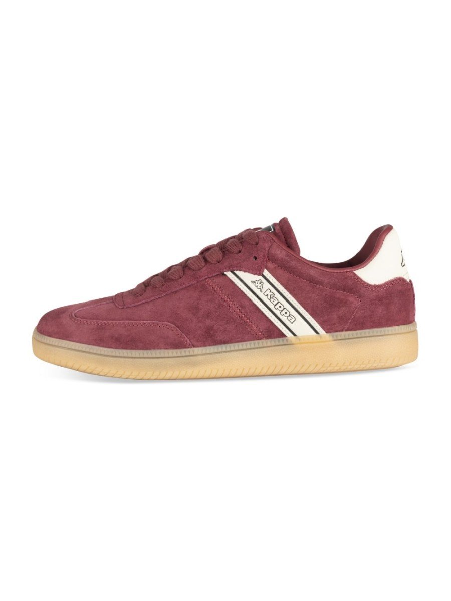 Burgundy faux suede sneakers with gum sole