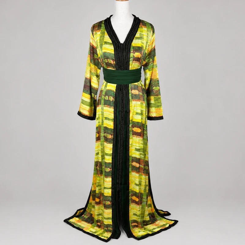 Dark green crêpe takchita with yellow motifs