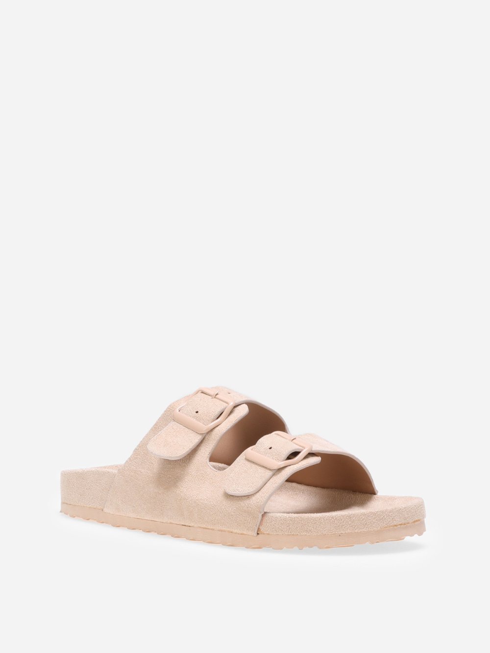 Beige faux suede double-strap mules