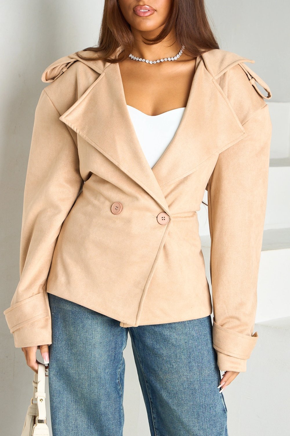 Blazer ajusté look daim b ceinture camel