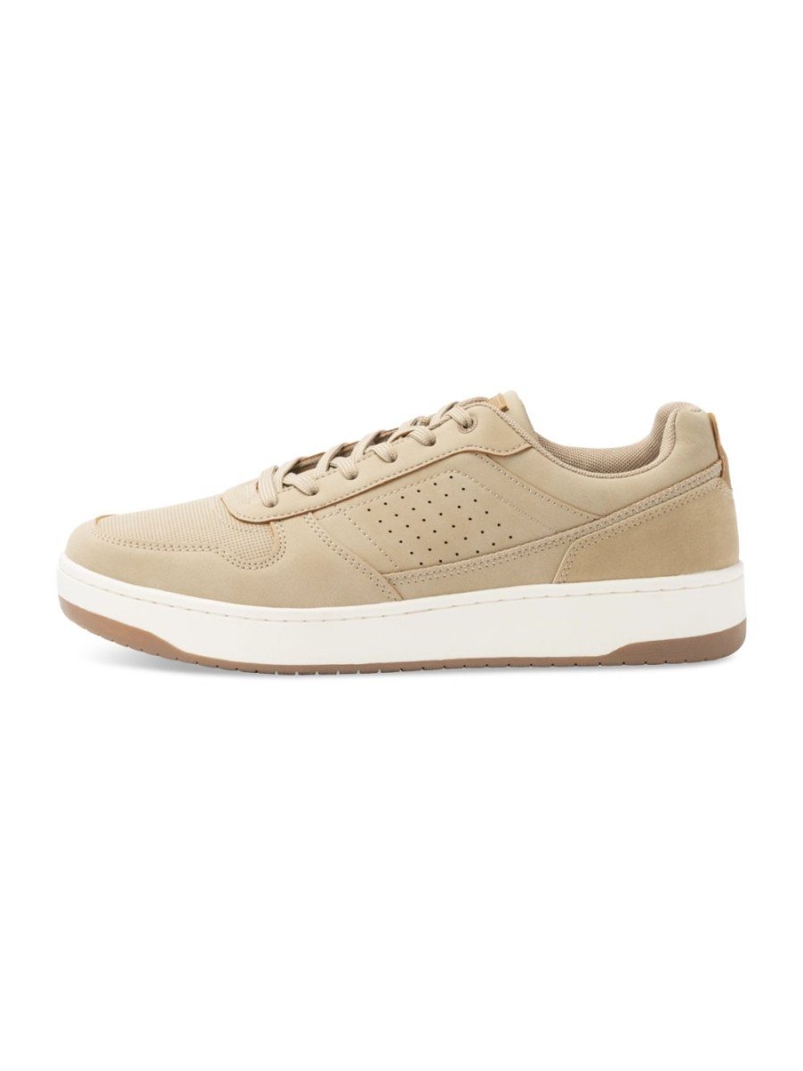 Beige perforated mixed-material trainers