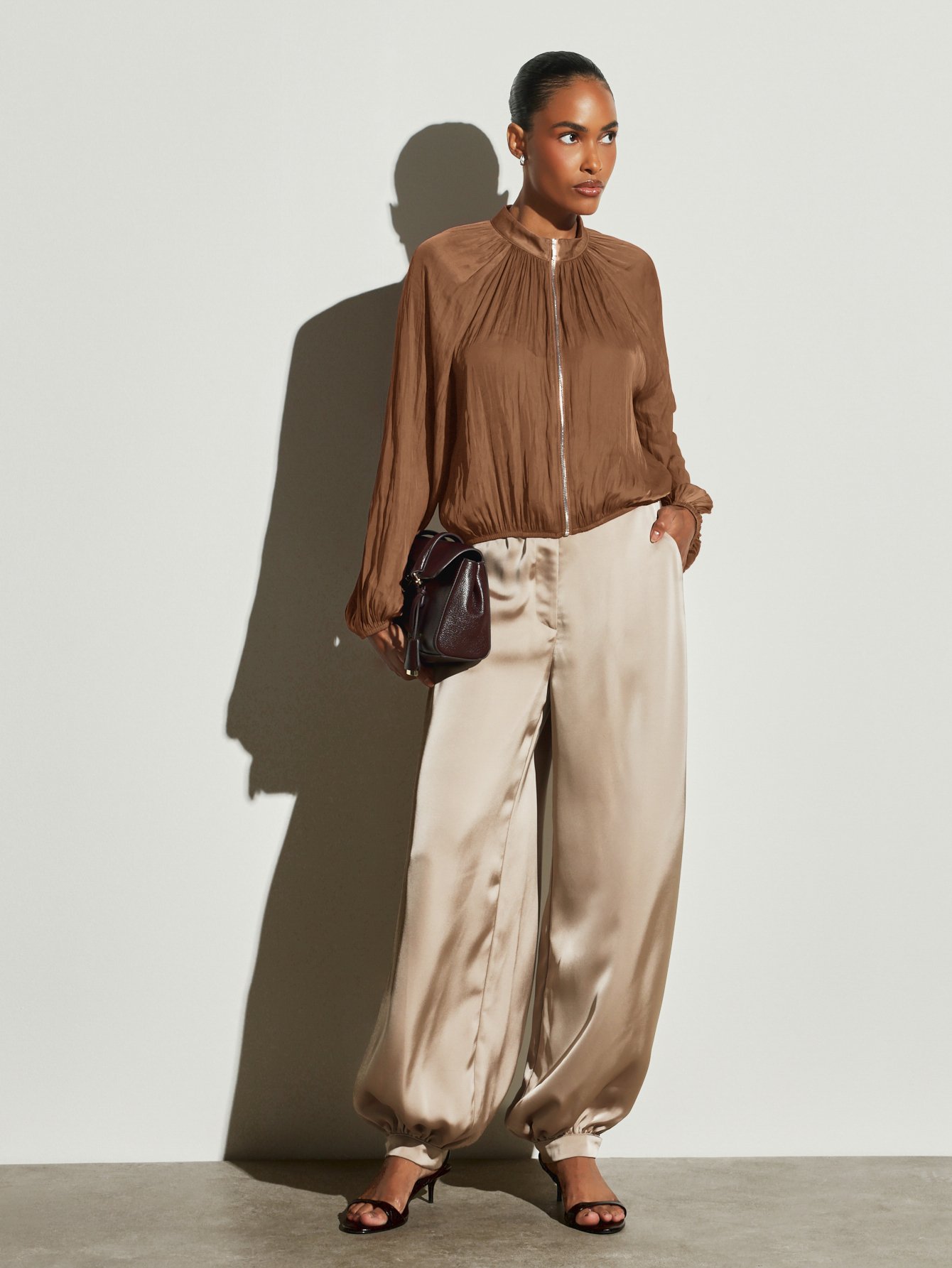 Gathered satin bomber jacket with high neck