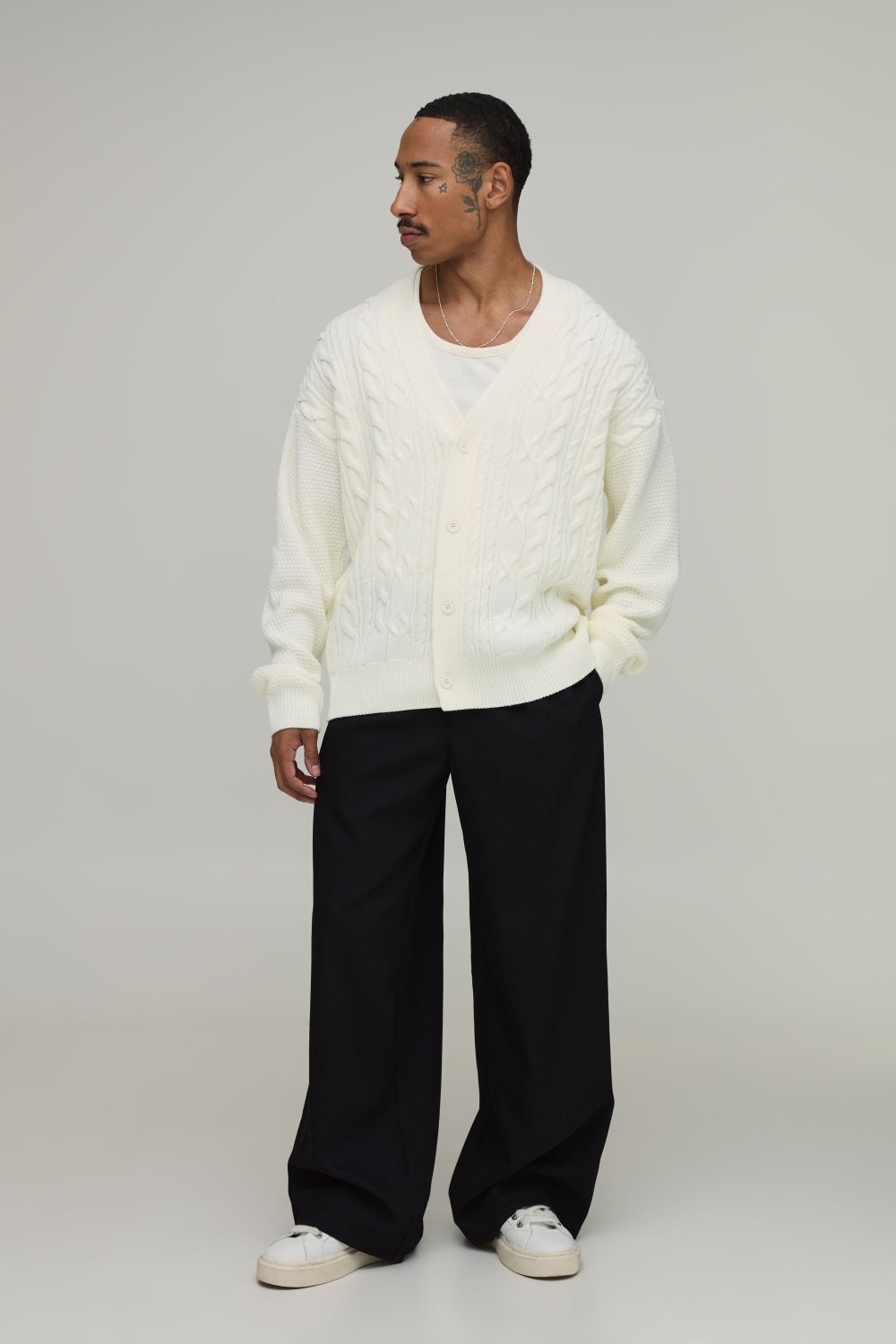 Ecru cable-knit V-neck cardigan