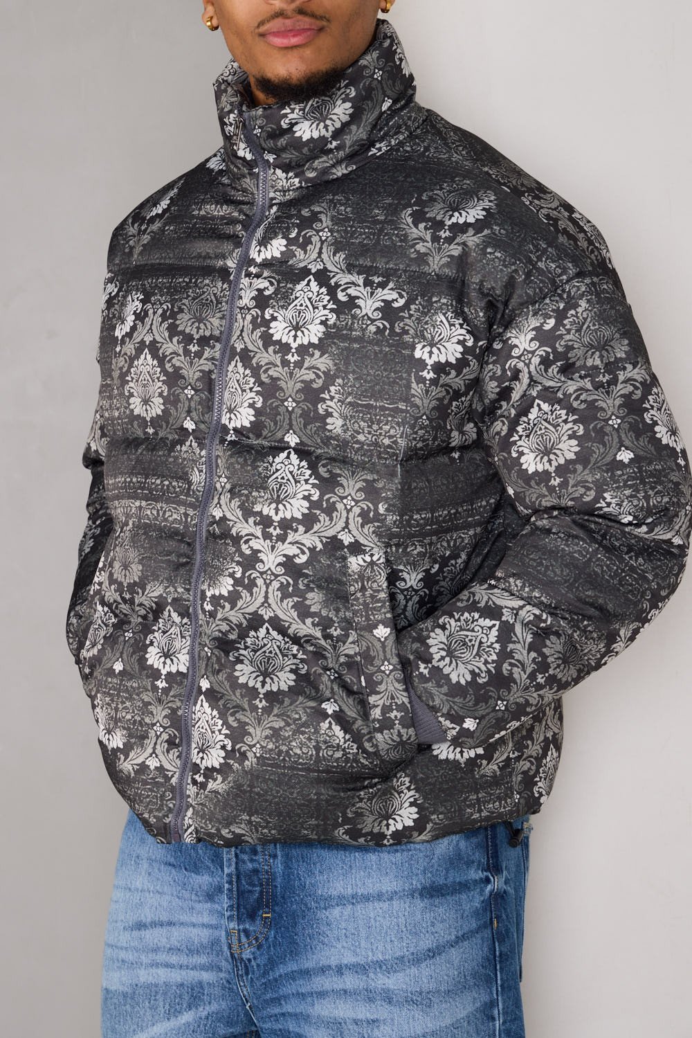 Green baroque-print puffer jacket