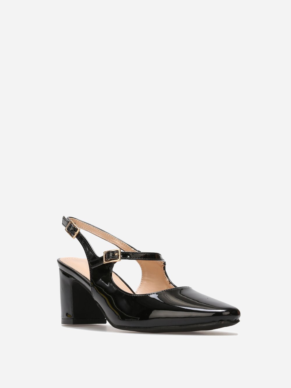 Black patent double-strap slingback heels