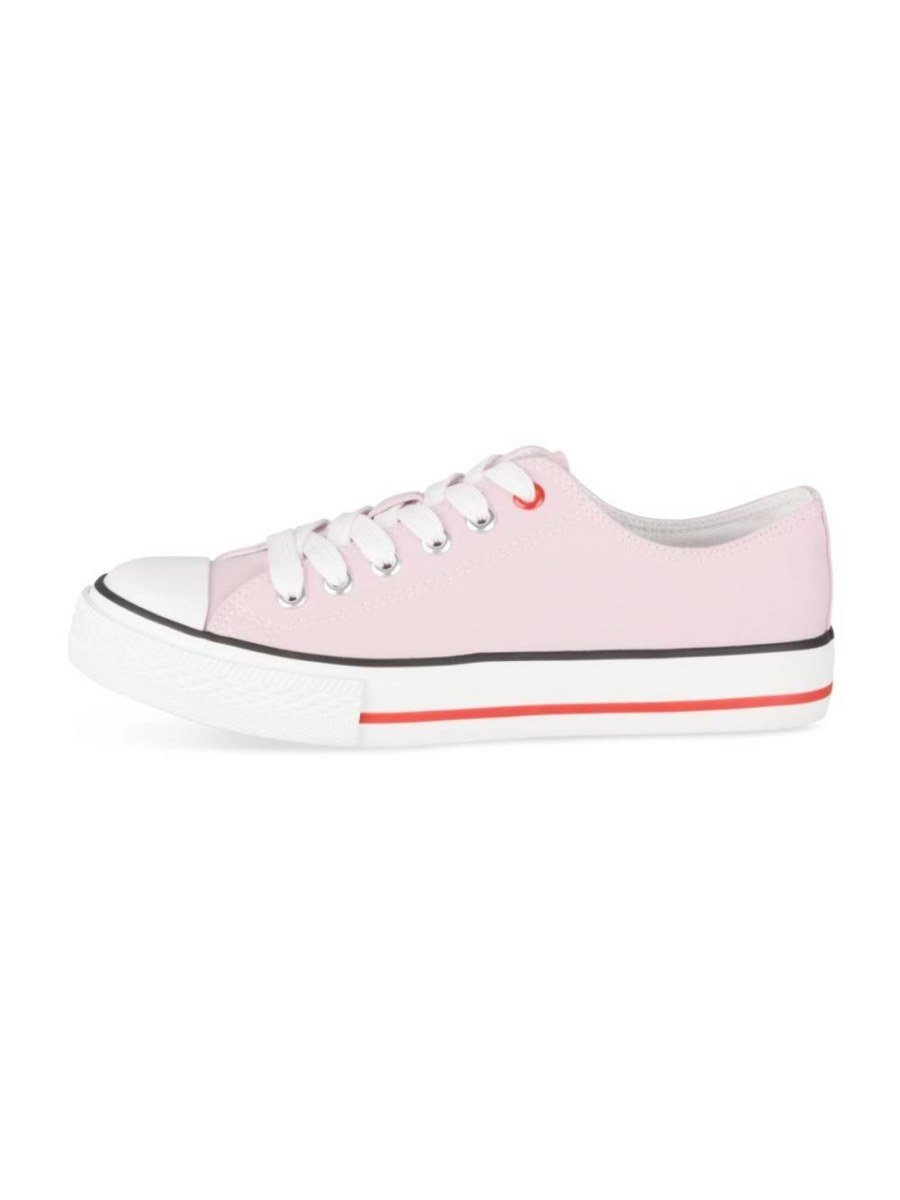 Pink canvas sneakers with red stripe