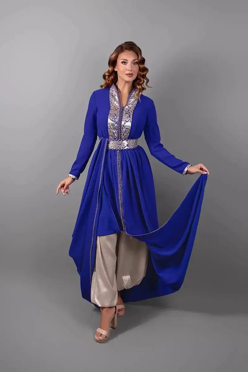 Royal blue kaftan with gold lamé trousers