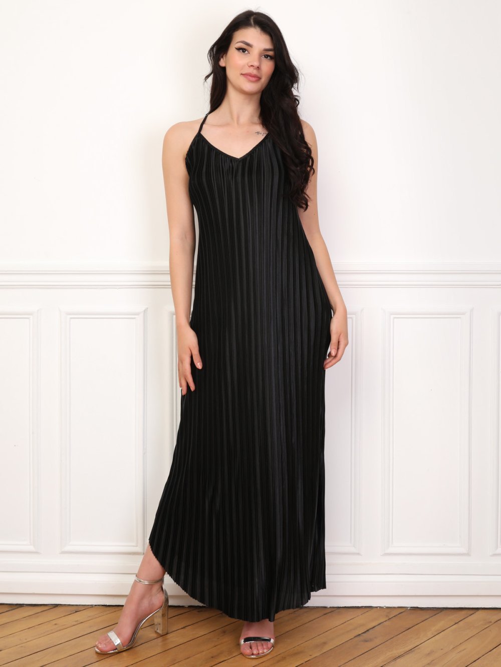 Black satin pleated dress with curved hem