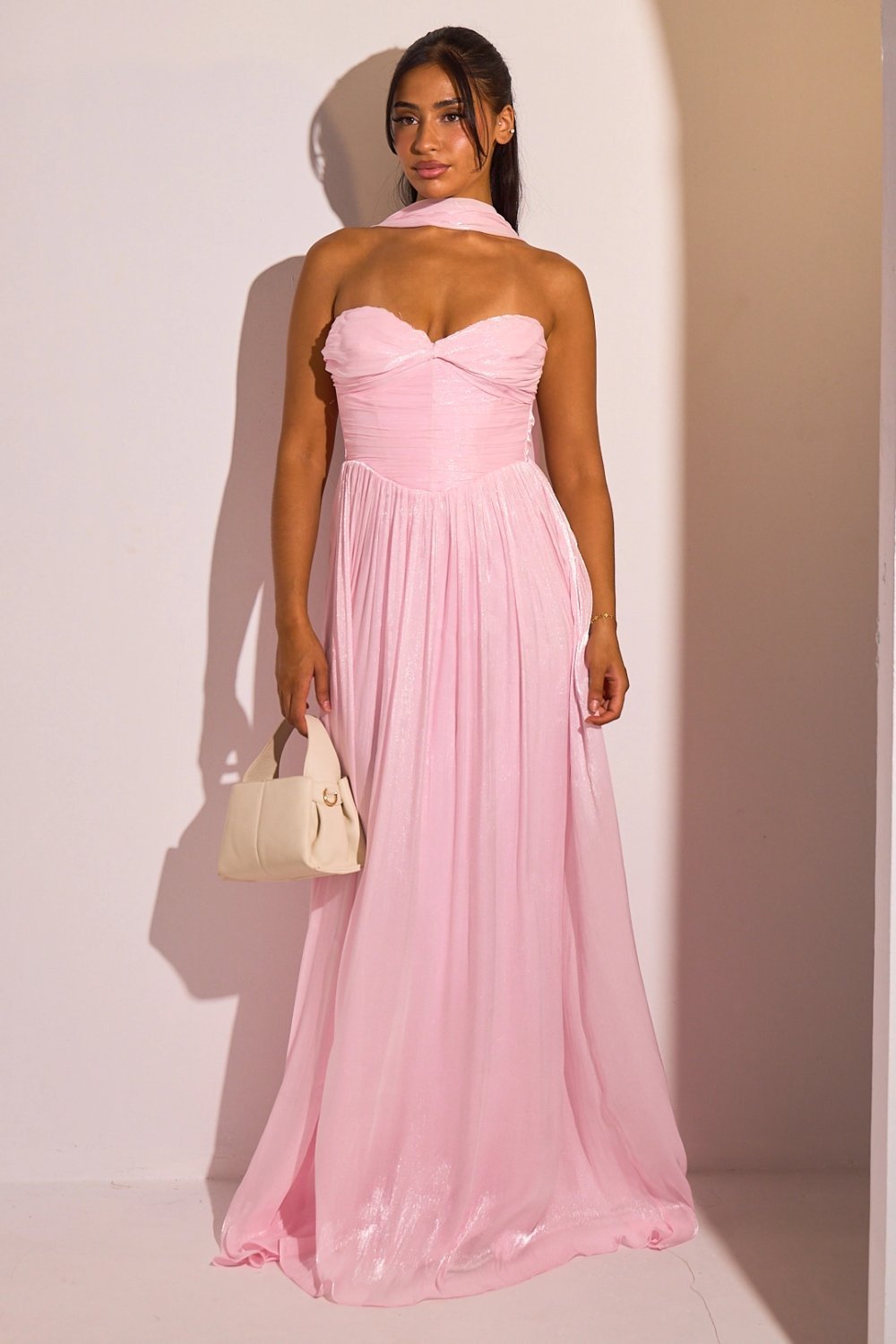 Draped satin strapless maxi dress with stole, pink