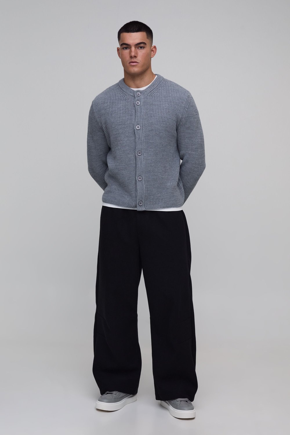 Grey ribbed button-up cardigan