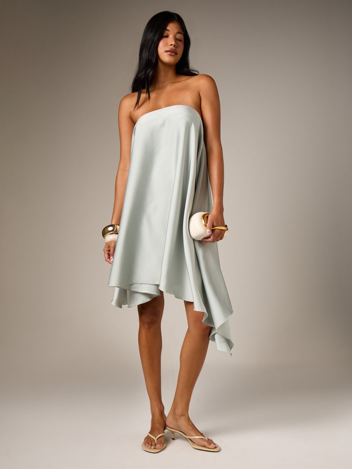 Satin bandeau mini dress with asymmetric hem