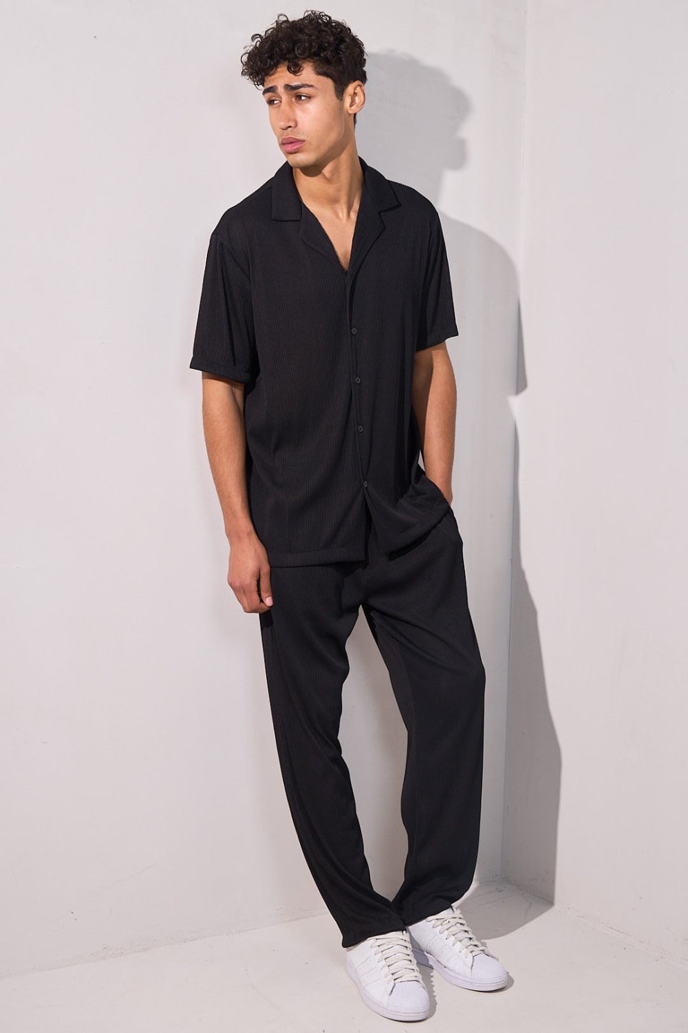 Black pleated shirt and trousers set
