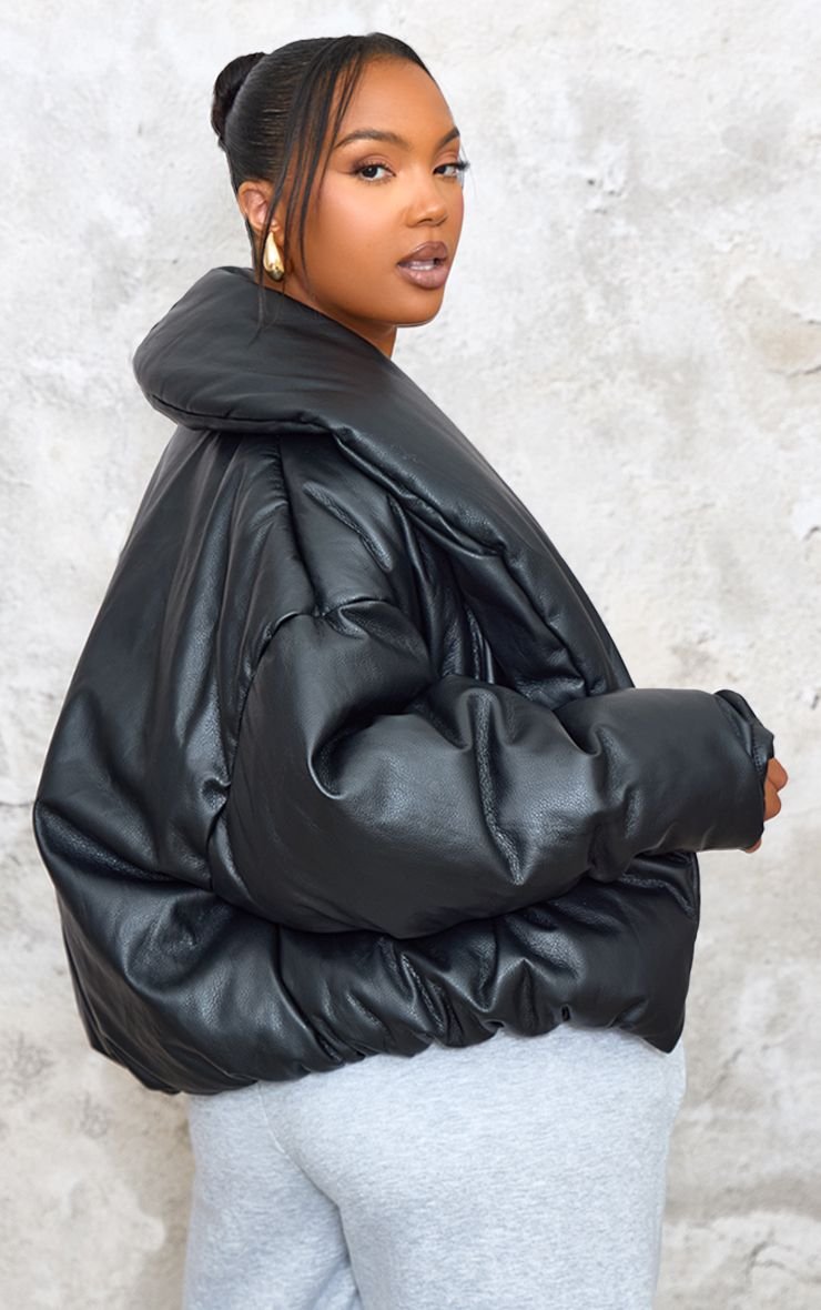 Cropped PU Exaggerated Collar Puffer Coat