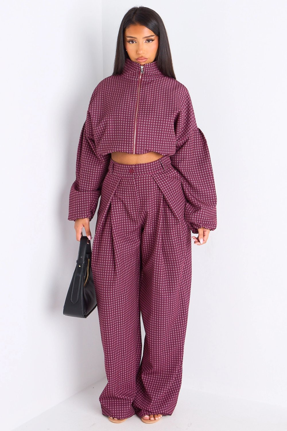 Ensemble veste et pantalon large à carreaux rouge