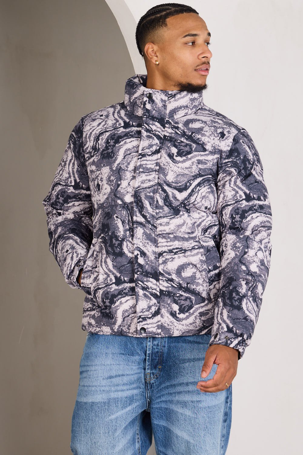 Dark grey marble-print puffer jacket
