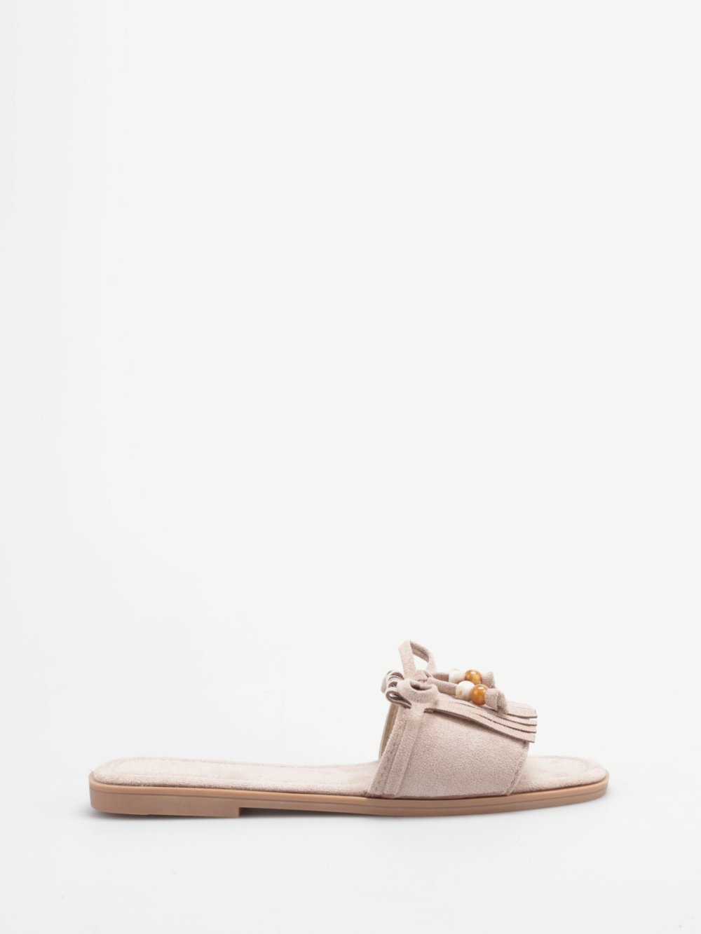 Taupe faux suede mules with fringe and pearls