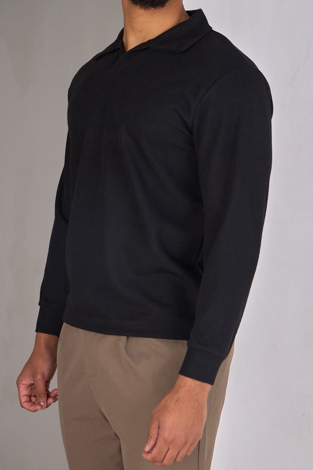 Black textured jumper with shirt collar