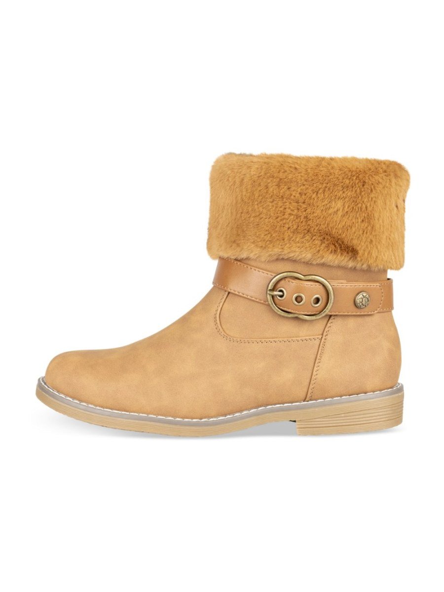 Bottines col fausse fourrure à boucle camel
