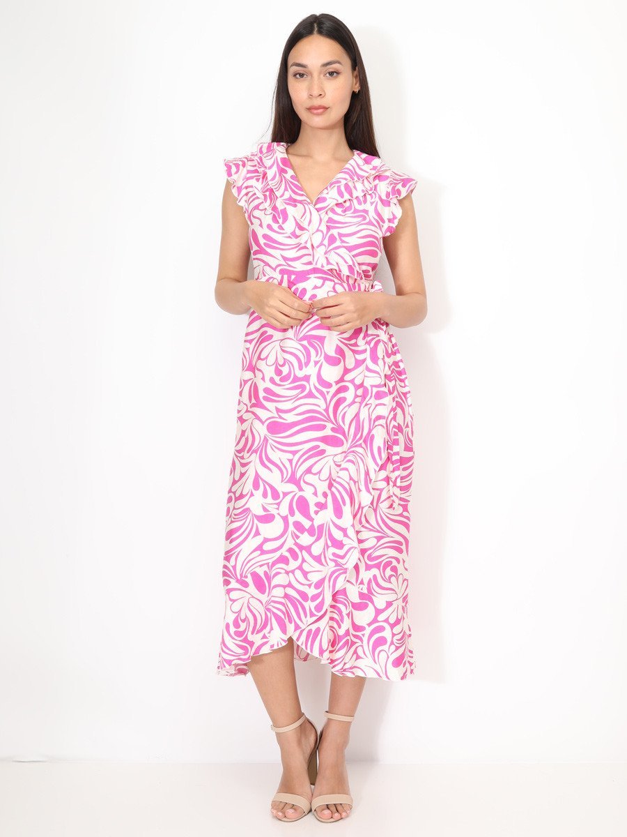 Robe portefeuille à volants imprimé abstrait fuchsia