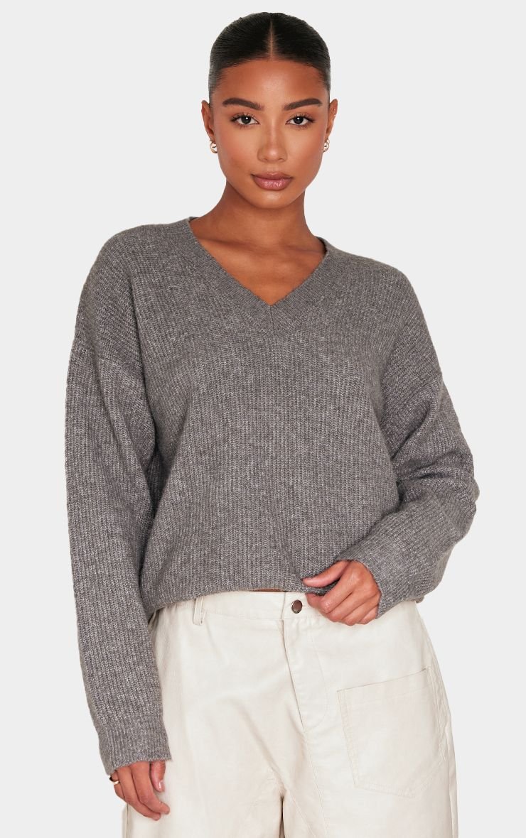 Pull Col V Surdimensionné En Maille Douce Anthracite