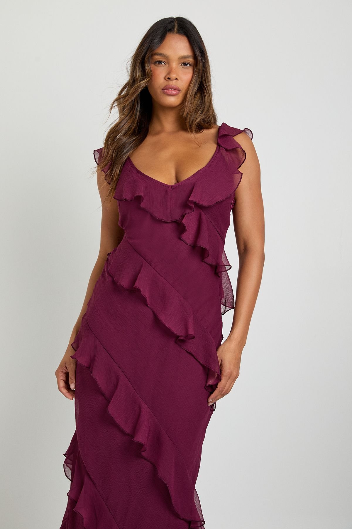 Robe longue b mousseline b volants w bretelles