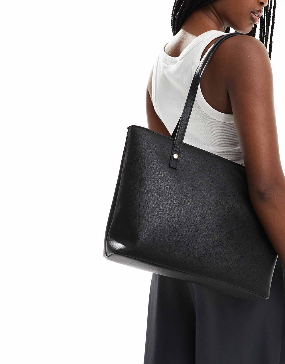 Black faux leather zip tote bag