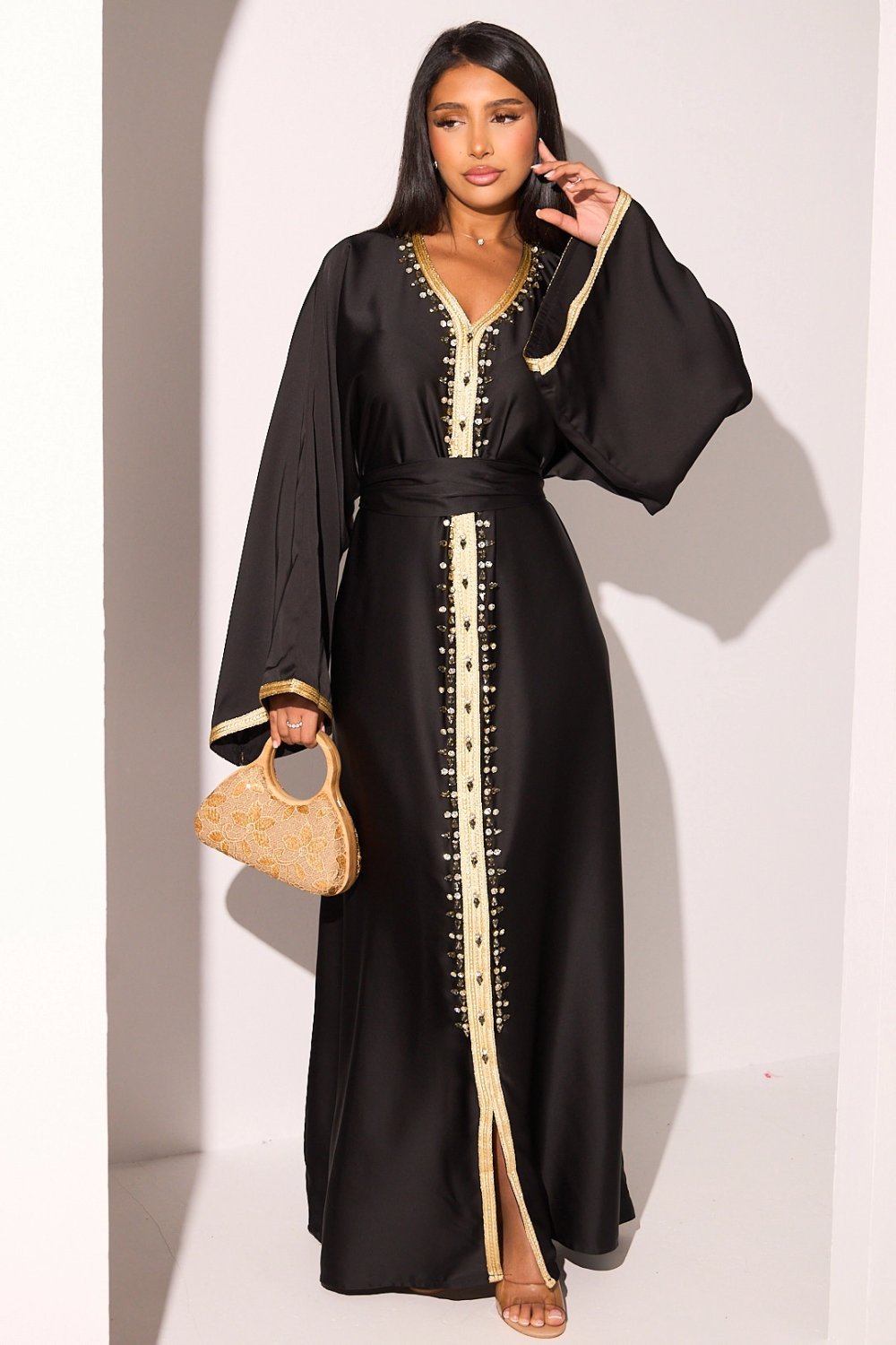 Black satin abaya with gold panel and rhinestones