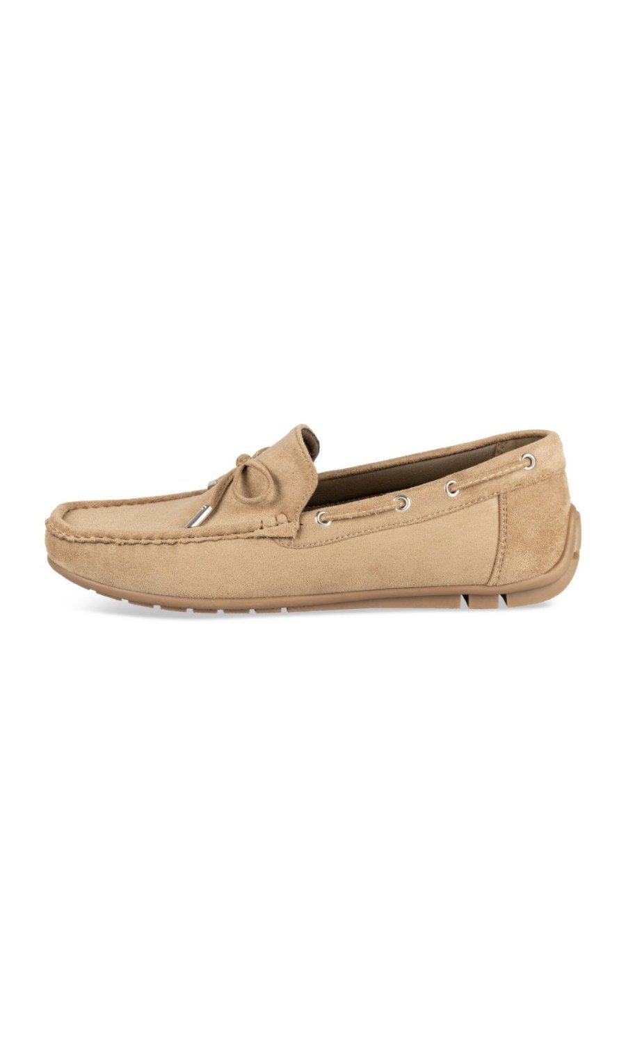 Camel suede-effect bow loafers
