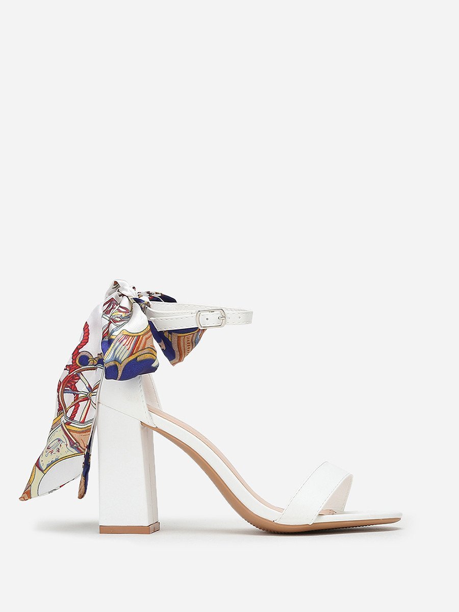White block heel sandals with printed scarf