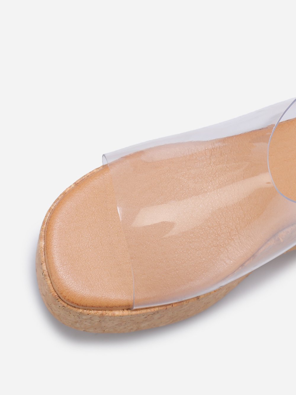 Wedge mules with wide clear strap