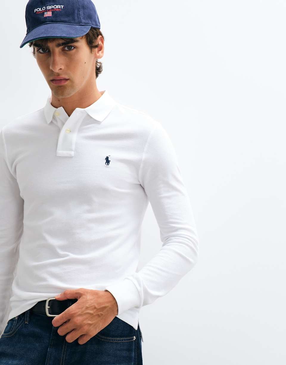 Polo slim fit à manches longues en piqué blanc avec logo icon