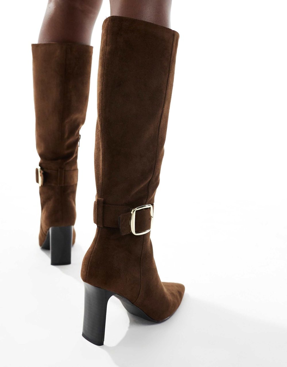 Knee high heeled boots with buckles in brown