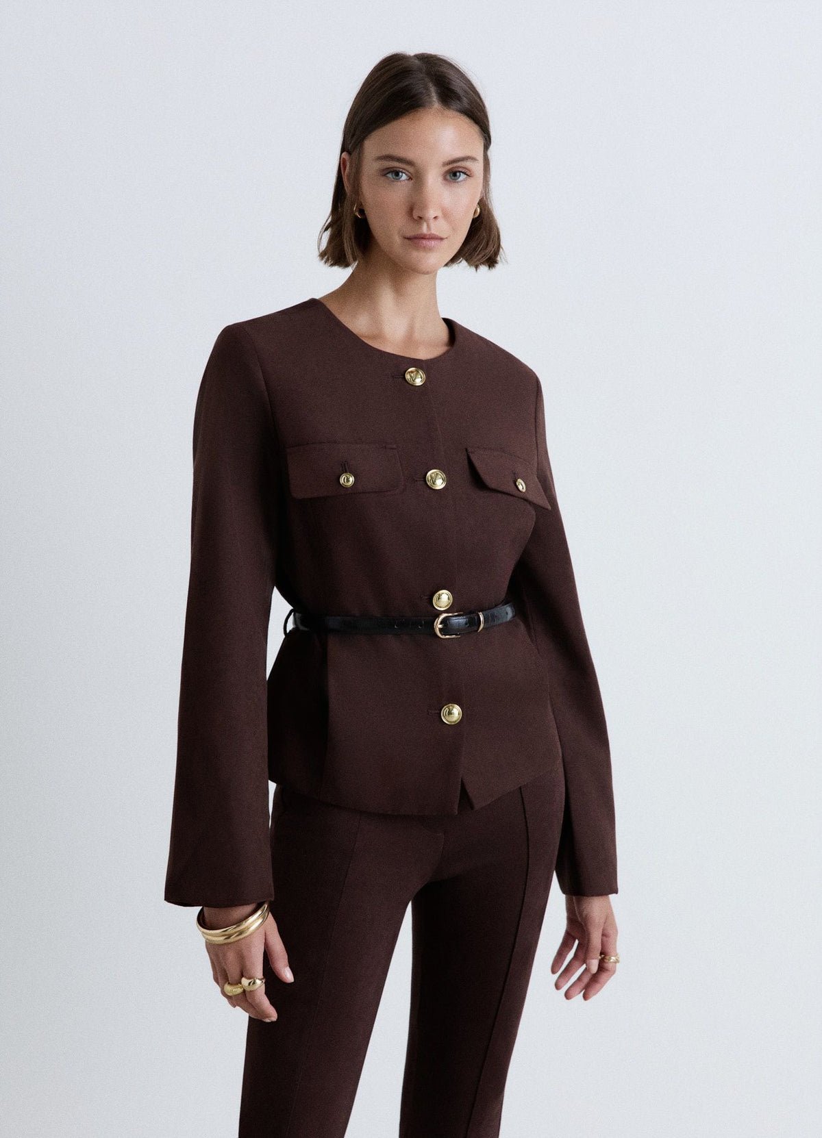 Belted collarless suede-effect jacket