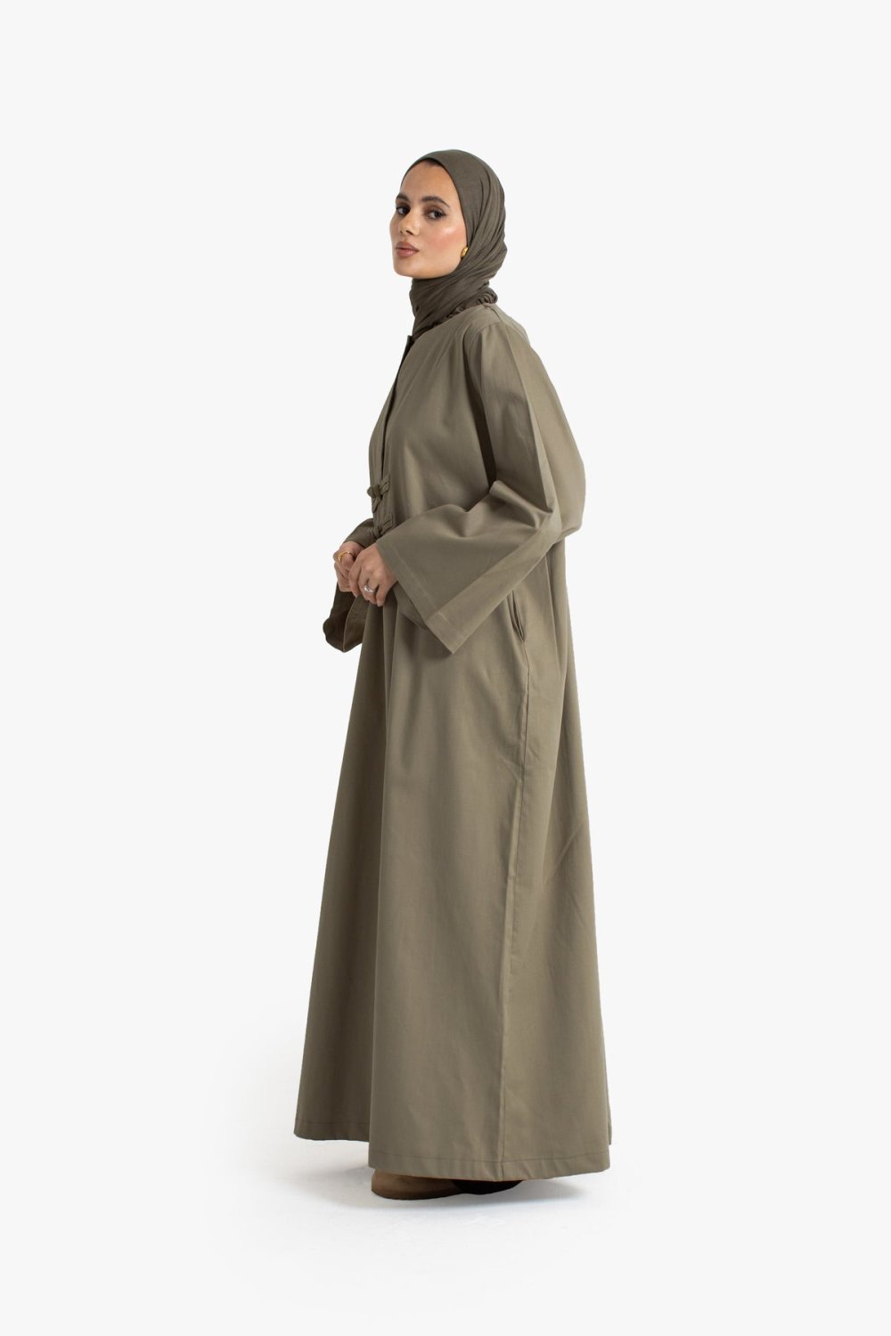 Open frog-button cotton abaya - Khaki green