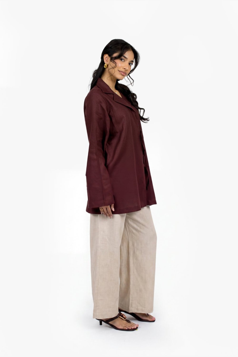 Pantalon large en coton à pli marqué - Beige