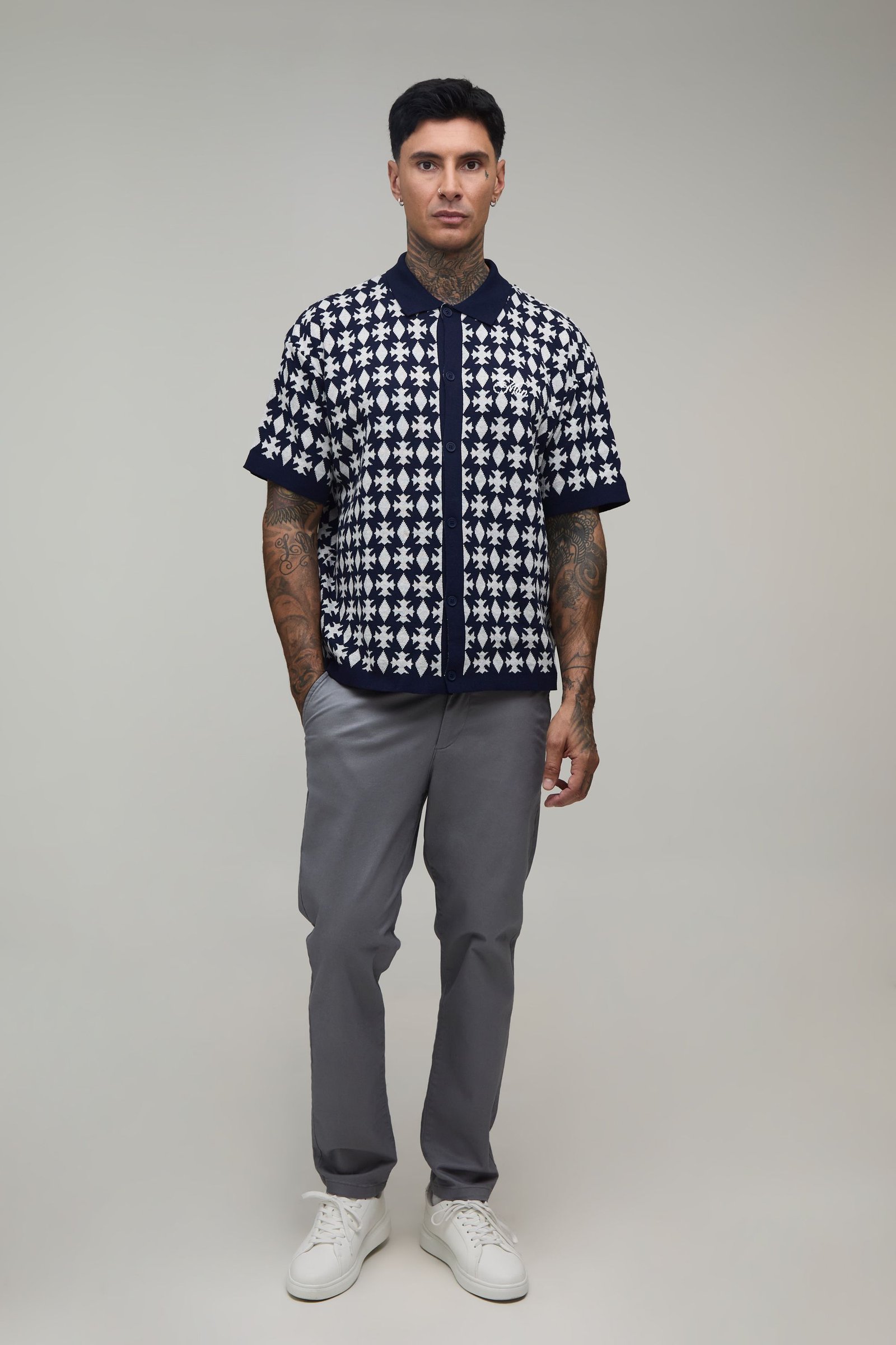Chemise en maille jacquard à patchs - Tall