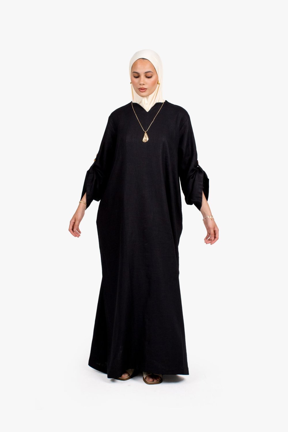 Abaya lin et coton à manches boutonnées - Noir