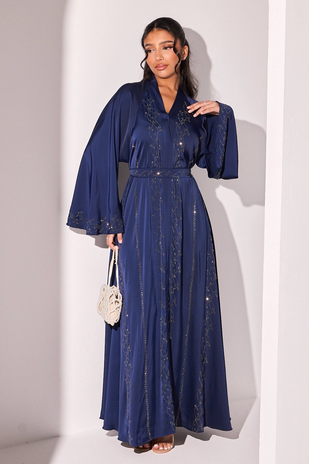 Abaya kmam évasés b strass mouj bleu foncé