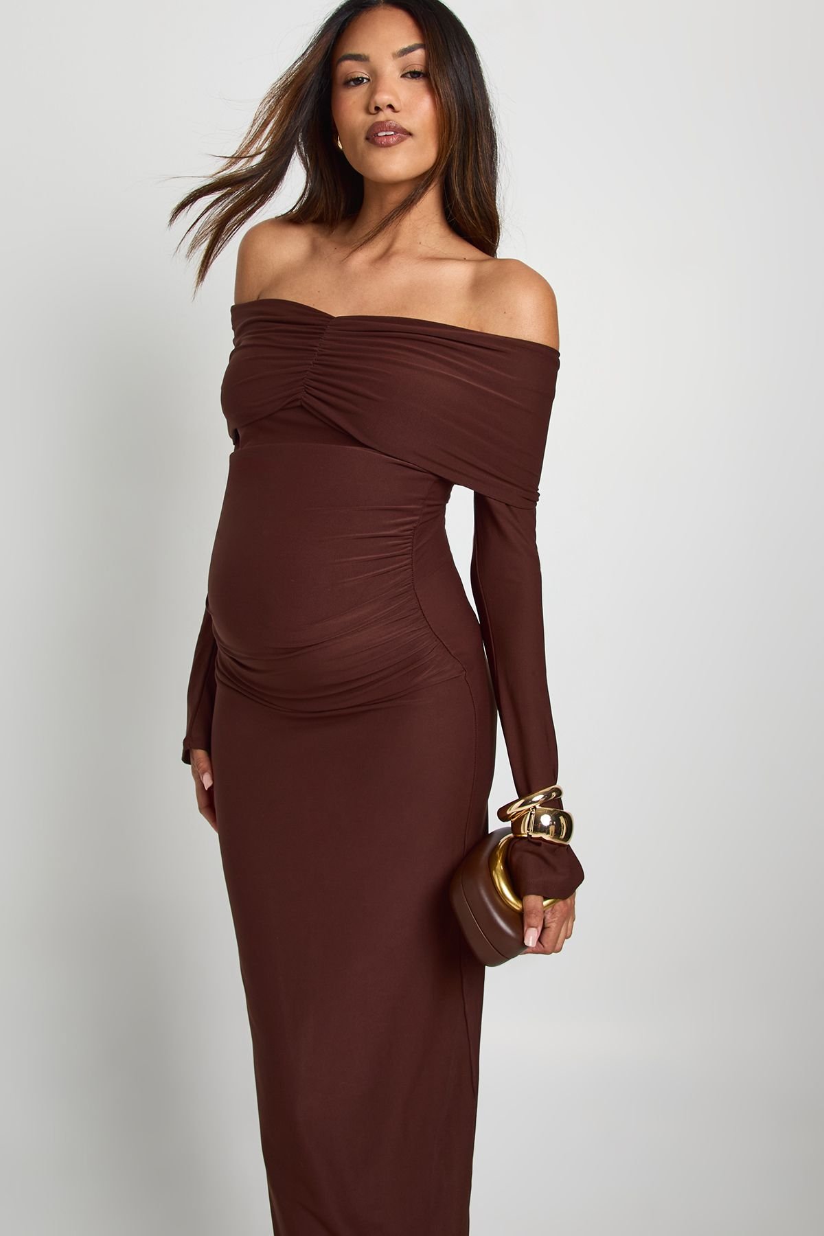 Robe maxi Bardot à manches évasées froncées - Maternité