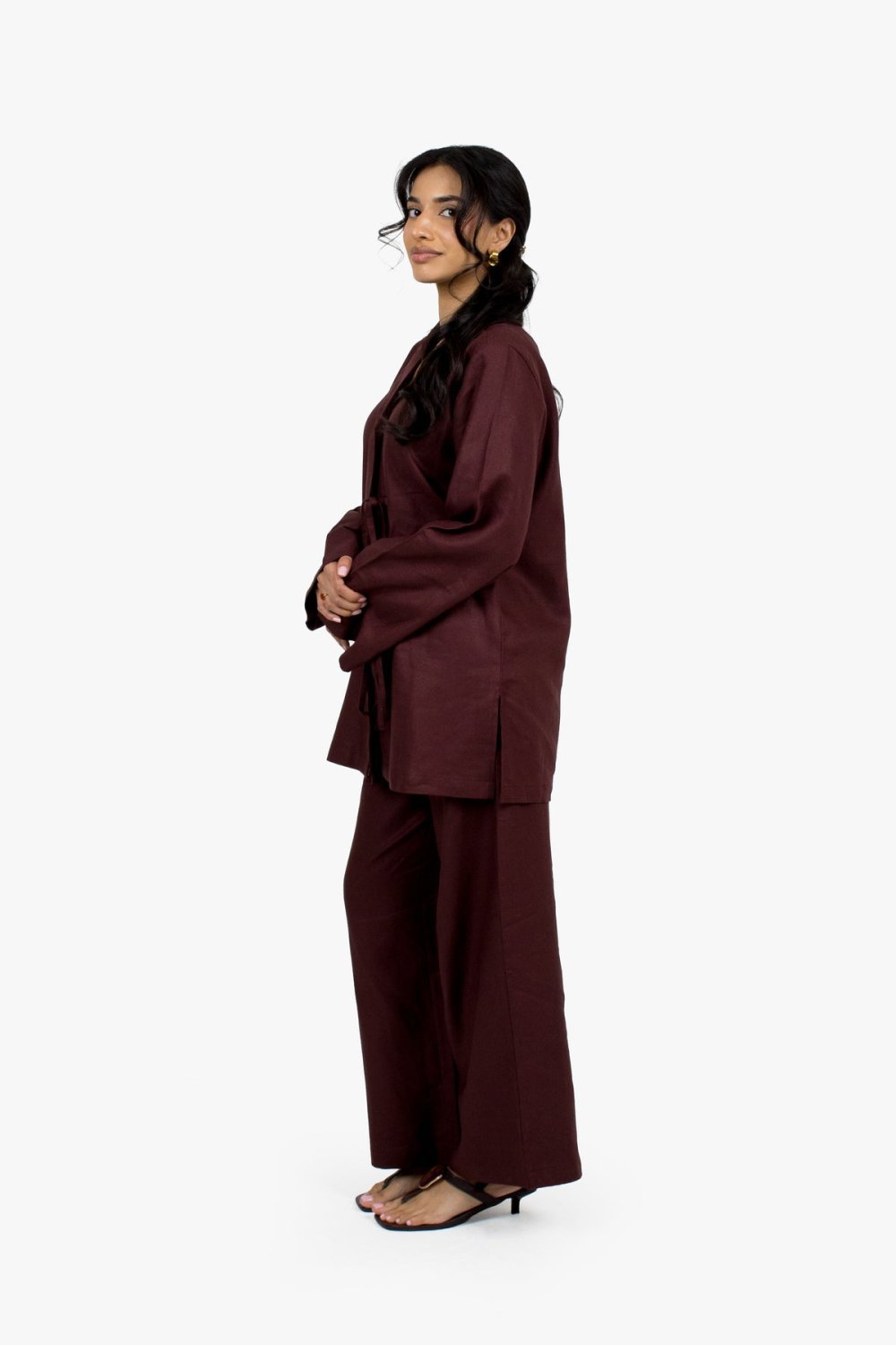 Wide-leg linen cotton trousers - Chocolate