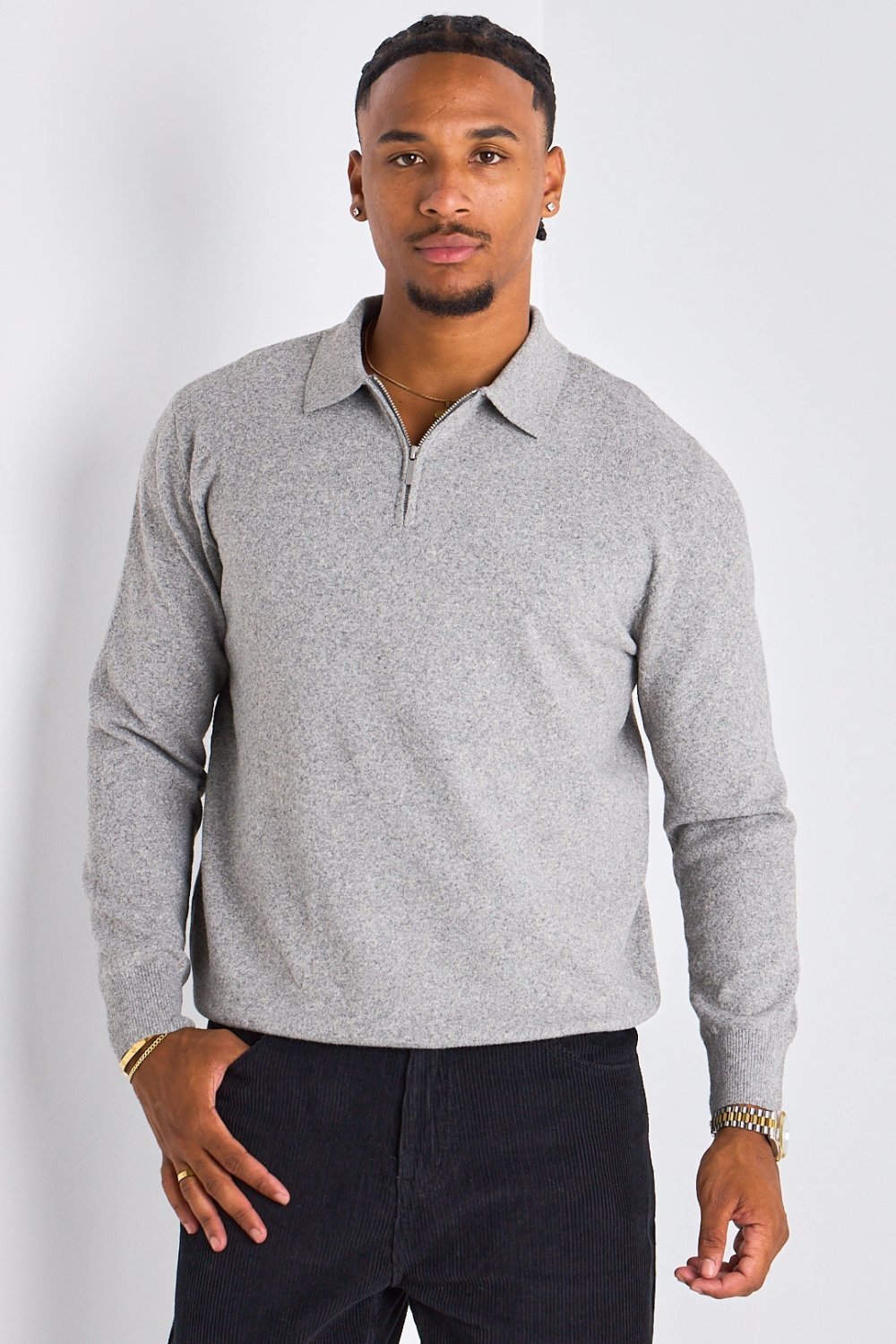 Pull demi-zip à col rabat gris