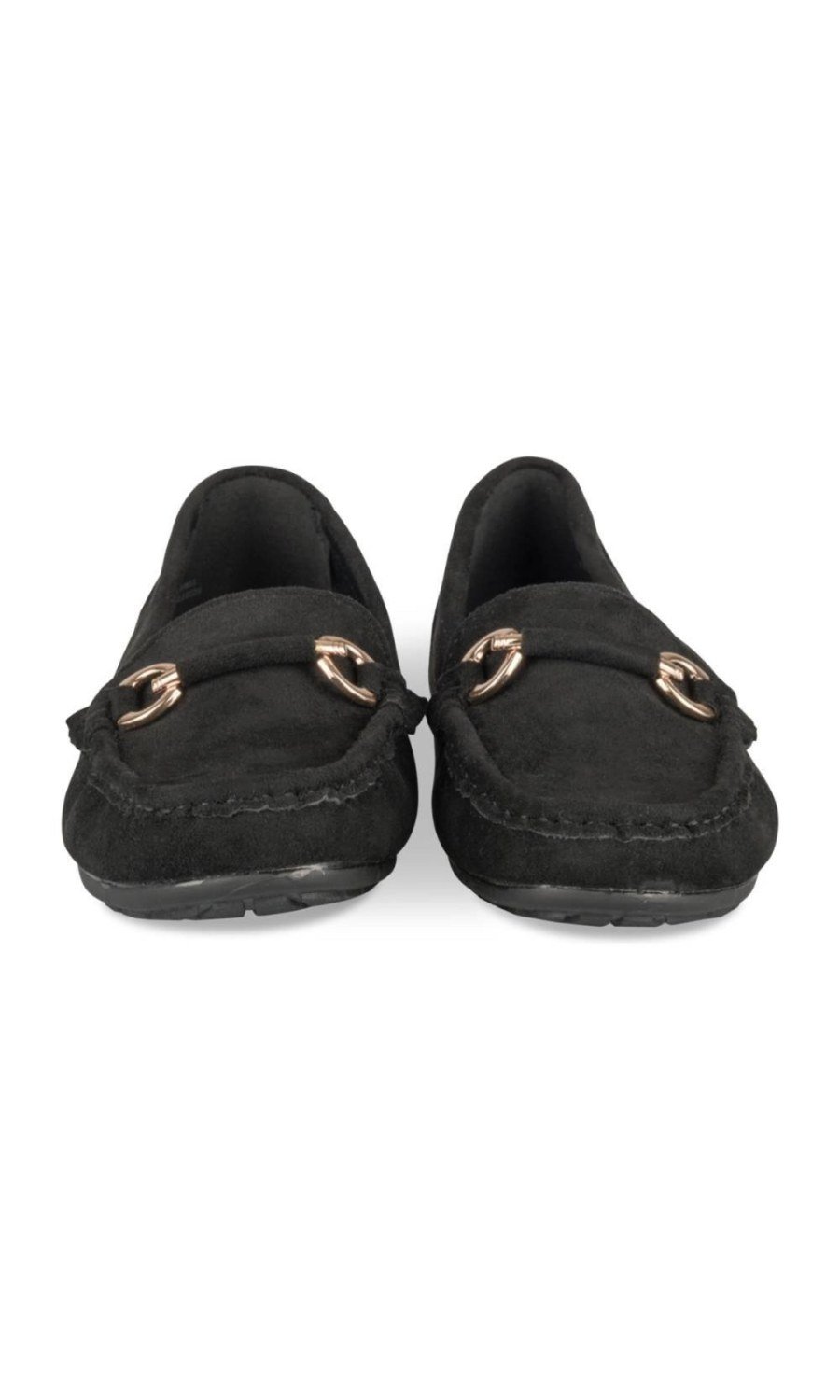Black faux suede loafers, gold horsebit