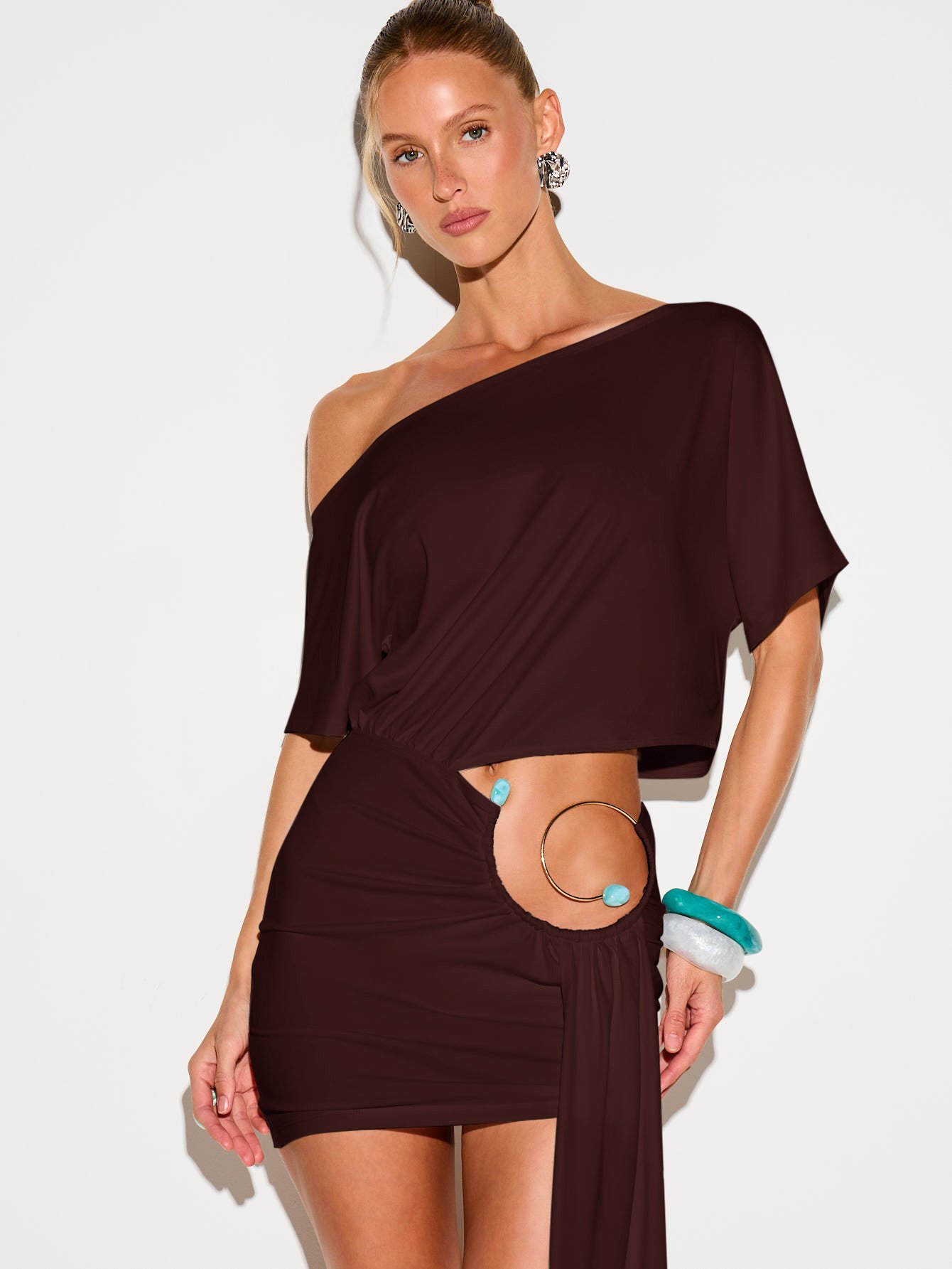 Asymmetric one-shoulder ring detail mini dress